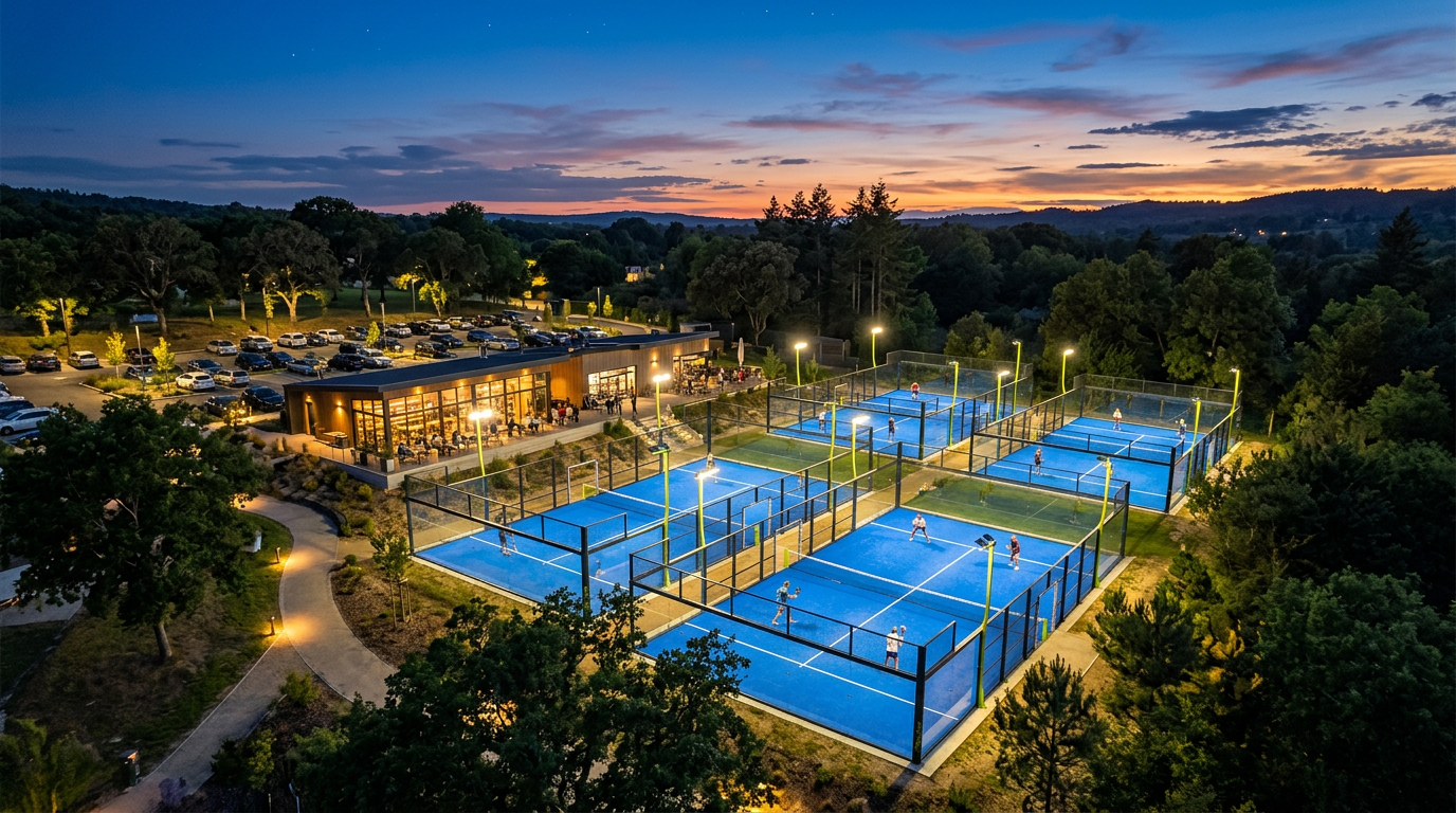 Vue aérienne d'un club de padel en France avec plusieurs terrains éclairés en soirée