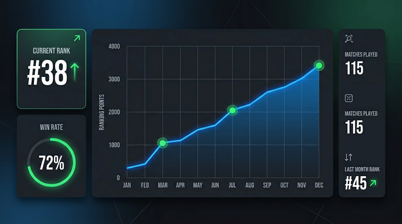 Graphique de progression montrant l'évolution du classement d'un joueur de padel sur plusieurs mois