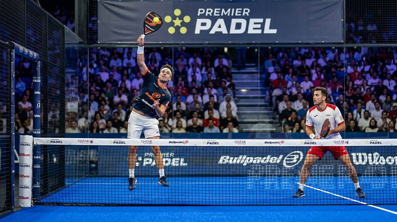 Joueurs professionnels de padel en action lors d'un tournoi Premier Padel