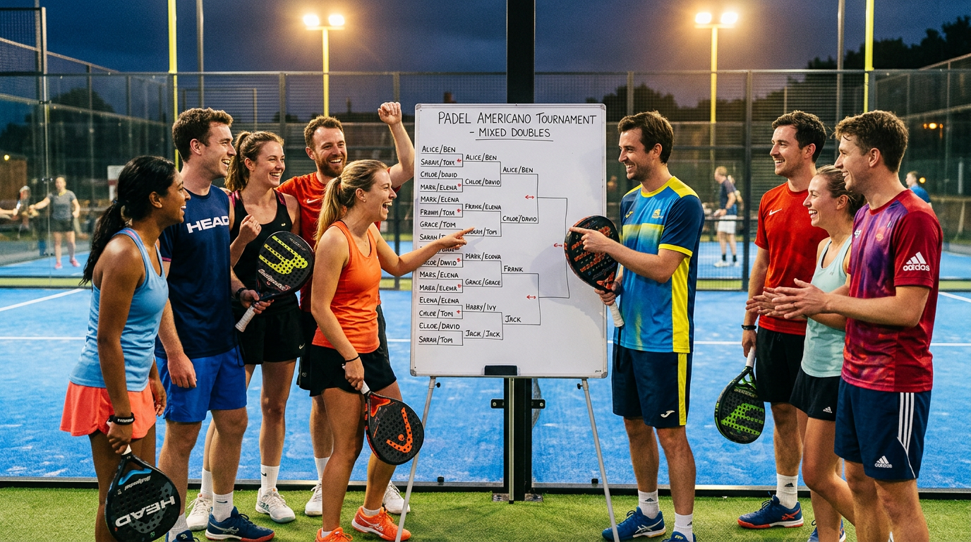 Groupe de joueurs de padel réunis autour d'un tableau de tournoi Americano entre amis