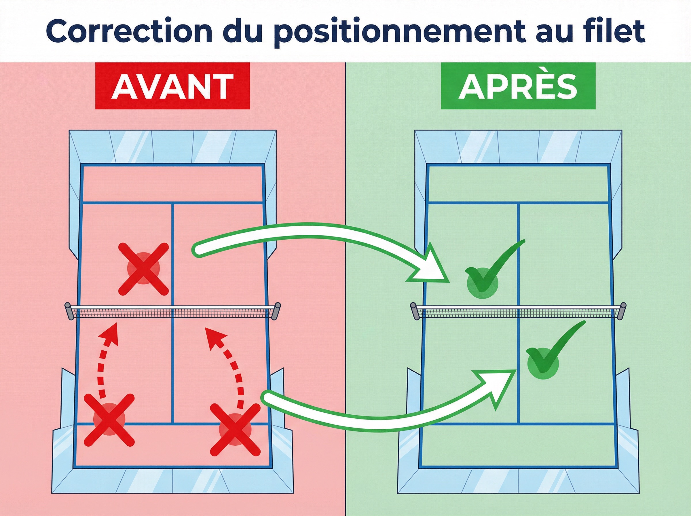 Comparaison avant-après d'un positionnement au filet corrigé grâce à l'analyse vidéo