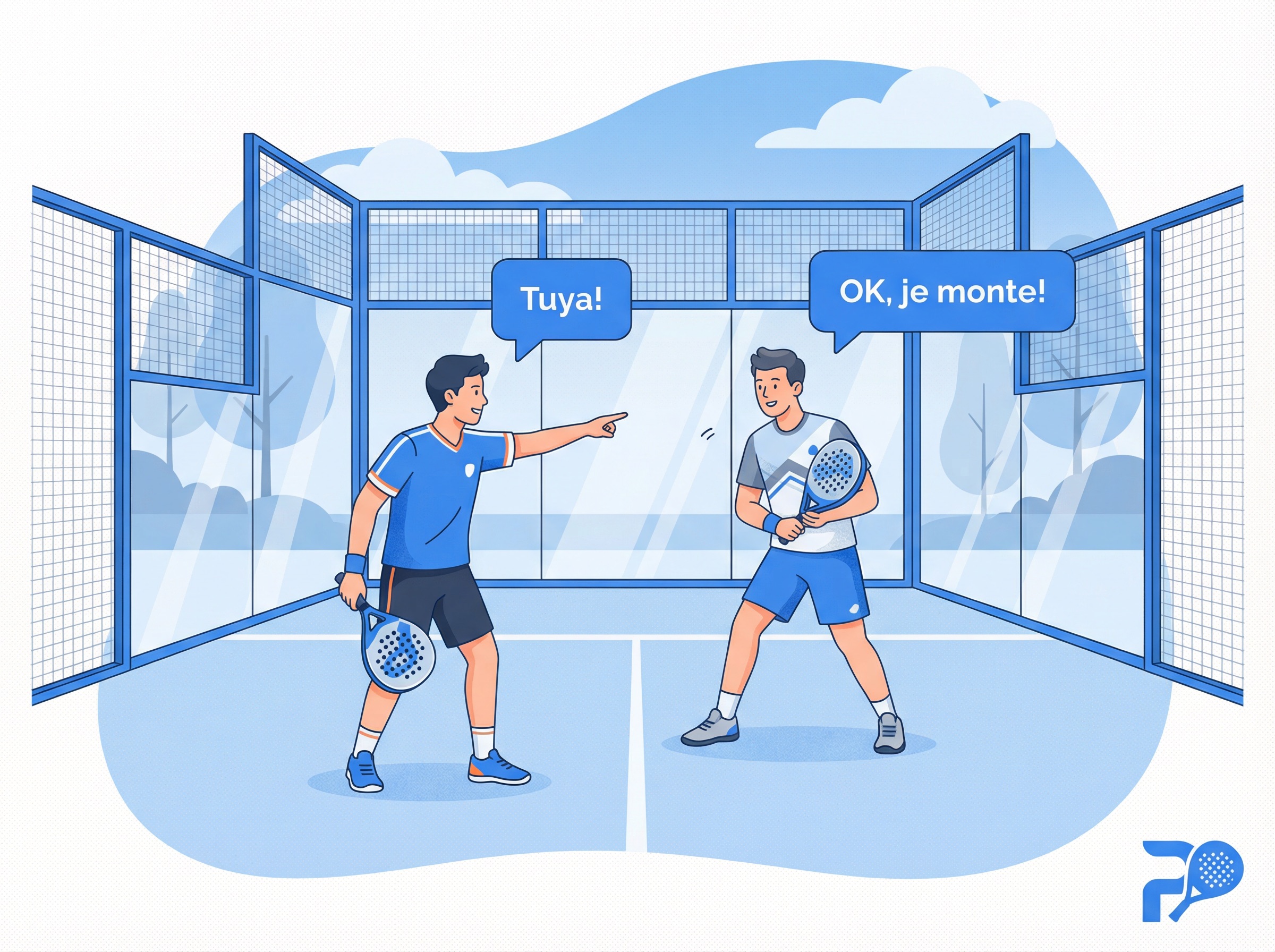 Deux joueurs de padel communiquant sur le terrain pour coordonner leur jeu