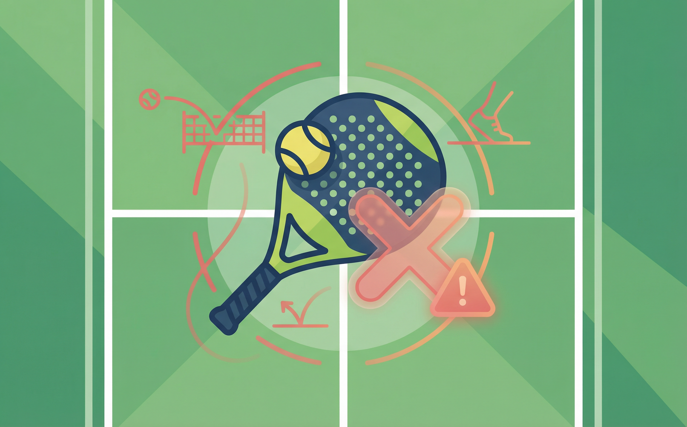 Infographie listant les 5 erreurs courantes au padel avec icônes illustratives