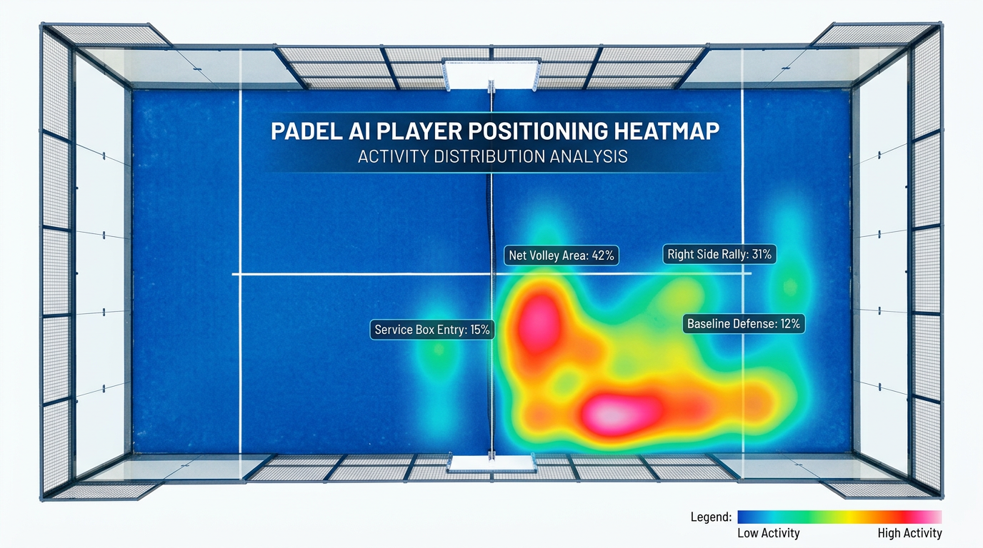 Exemple de heatmap de positionnement sur un terrain de padel généré par l'IA, montrant les zones les plus occupées par le joueur