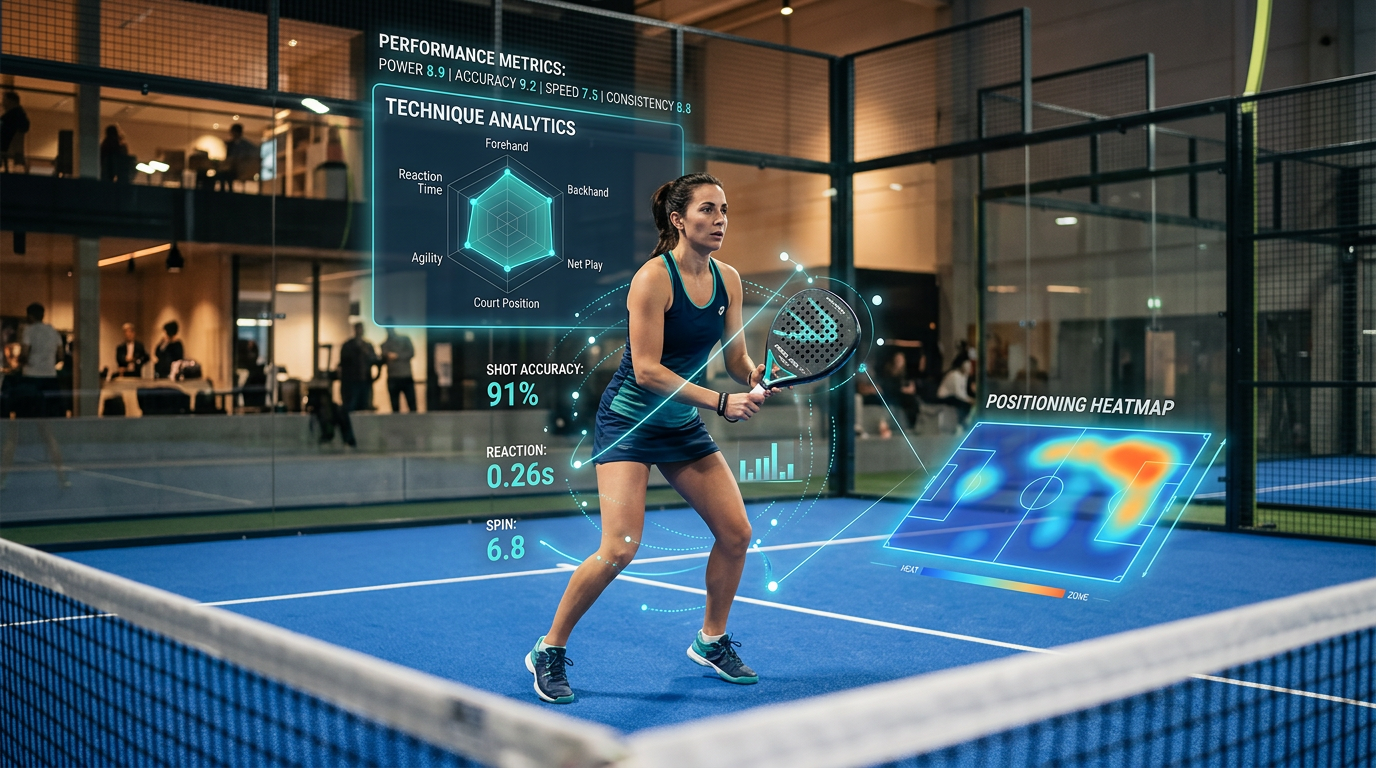 Dashboard d'analyse IA montrant les statistiques de performance d'un joueur de padel avec graphiques radar et heatmap de positionnement