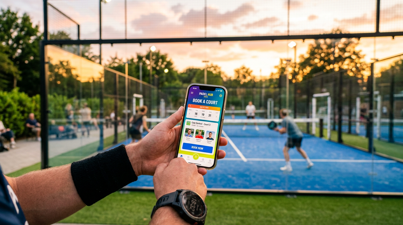 Joueur de padel consultant son smartphone avec différentes applications padel pour réservation, coaching et suivi de score