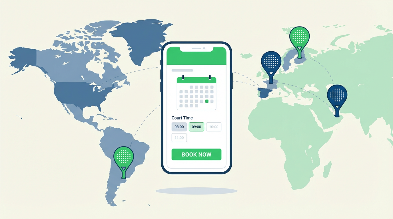 Carte du monde avec des marqueurs de terrains de padel et un smartphone affichant une application de réservation