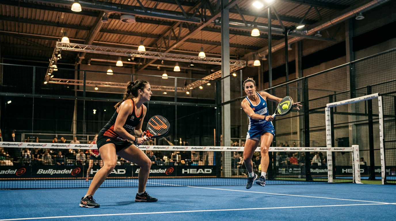 Joueurs de padel en action sur un terrain indoor avec éclairage professionnel