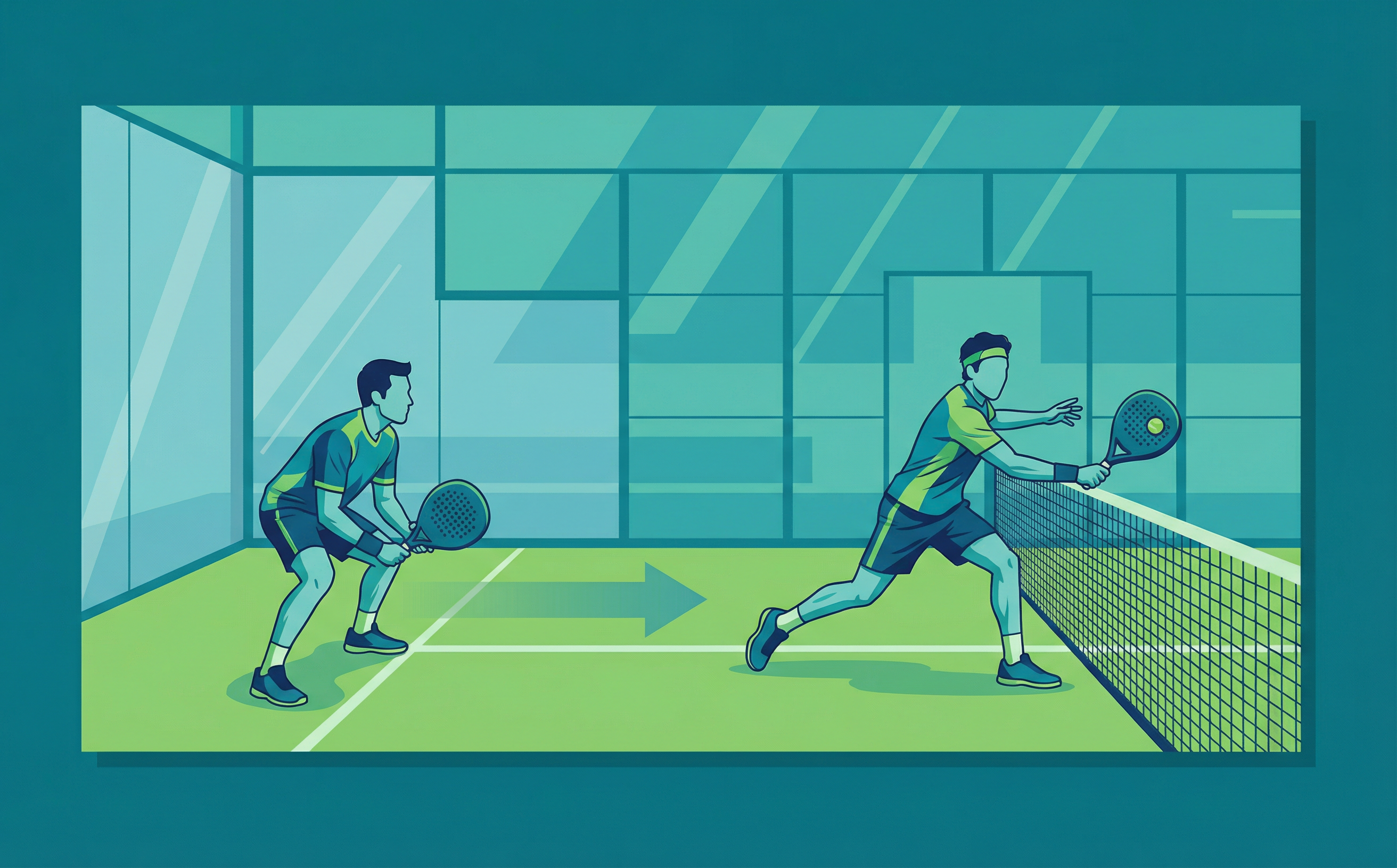 Illustration du passage du niveau intermédiaire au niveau avancé au padel : position défensive près de la vitre et attaque au filet