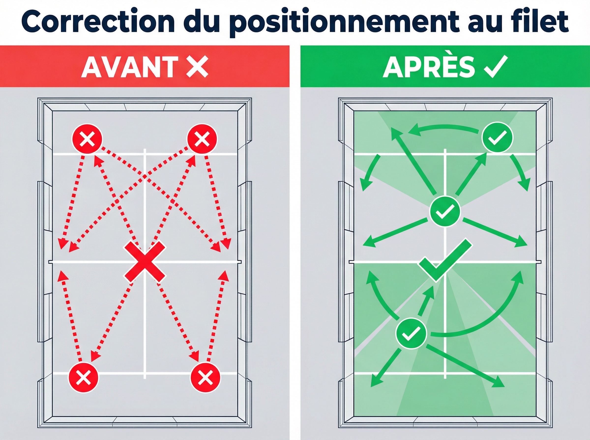 Schéma d'un terrain de padel montrant les erreurs de positionnement courantes (rouge) et les corrections (vert)