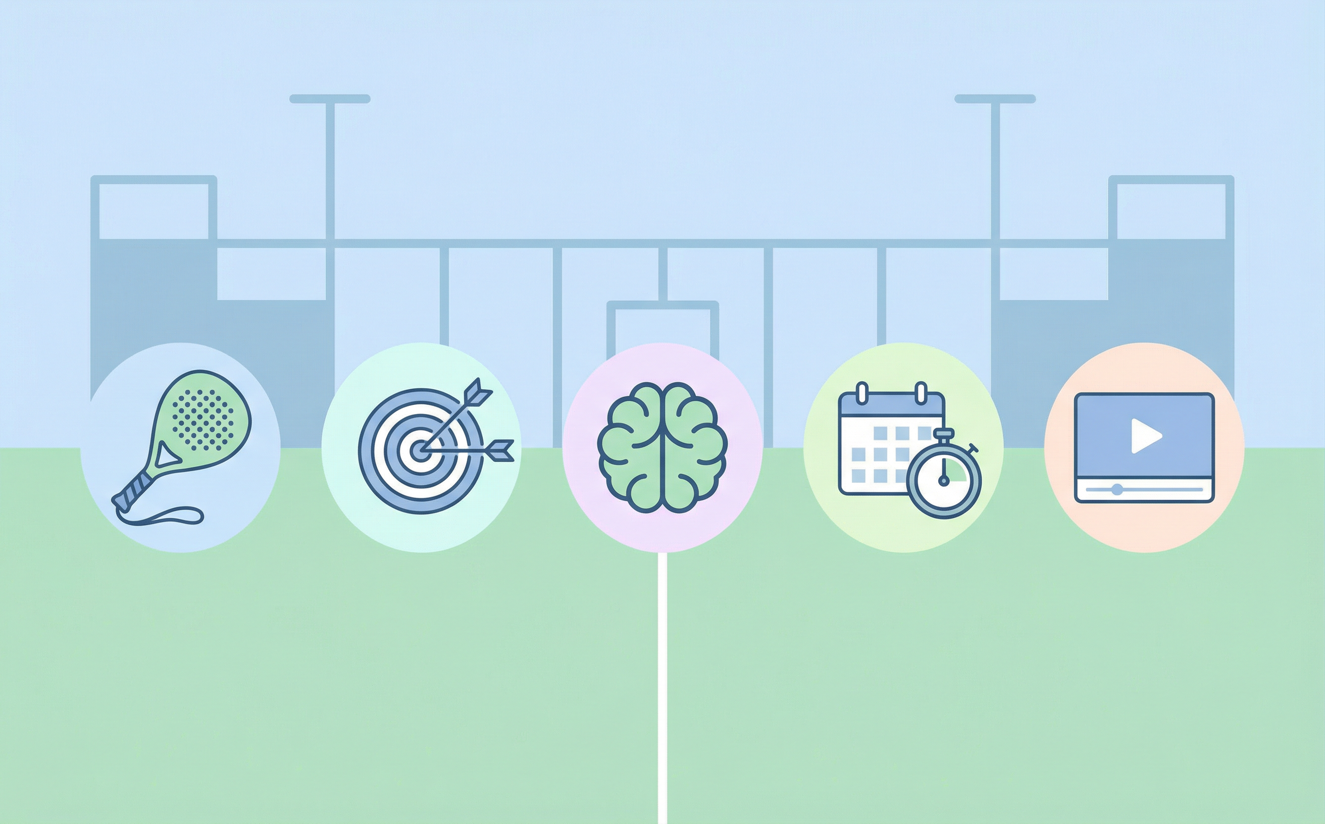 Infographie des 5 piliers pour progresser au padel : technique, tactique, mental, entraînement et analyse
